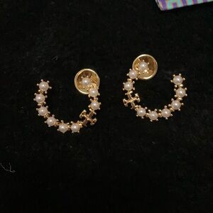 Tory Burch Gold Pearl Cuff Earrings With Double-T Logo Accent